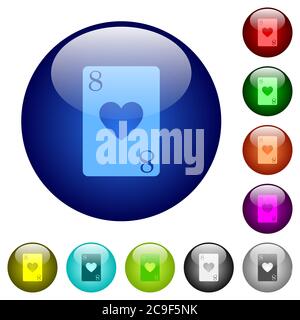 Eight of hearts card icons on round color glass buttons Stock Vector
