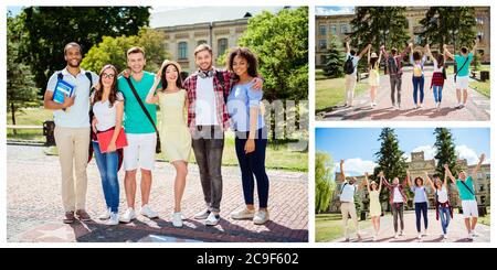 Photo collage of cheerful clever multicultural multinational glad positive handsome attractive satisfied students walking near main campus together Stock Photo