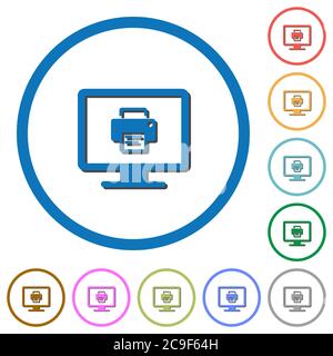Print screen flat color vector icons with shadows in round outlines on white background Stock Vector