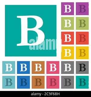 Bold font type multi colored flat icons on plain square backgrounds. Included white and darker icon variations for hover or active effects. Stock Vector