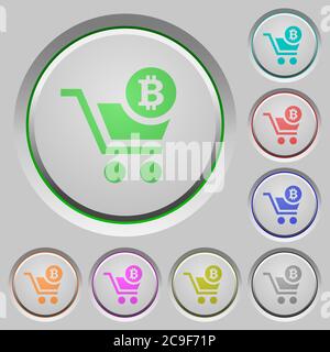 Checkout with Bitcoin cart color icons on sunk push buttons Stock Vector