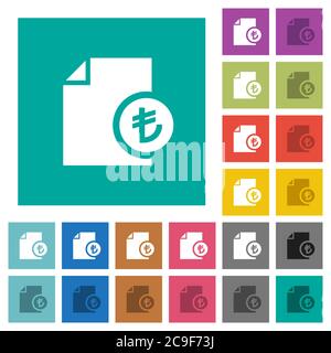 Turkish Lira financial report multi colored flat icons on plain square backgrounds. Included white and darker icon variations for hover or active effe Stock Vector