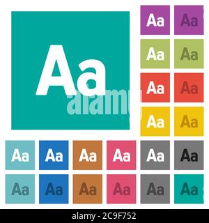 Font size multi colored flat icons on plain square backgrounds. Included white and darker icon variations for hover or active effects. Stock Vector