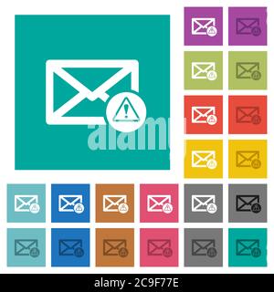 Mail warning multi colored flat icons on plain square backgrounds. Included white and darker icon variations for hover or active effects. Stock Vector
