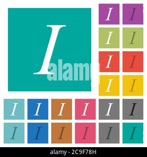 Italic font type multi colored flat icons on plain square backgrounds. Included white and darker icon variations for hover or active effects. Stock Vector