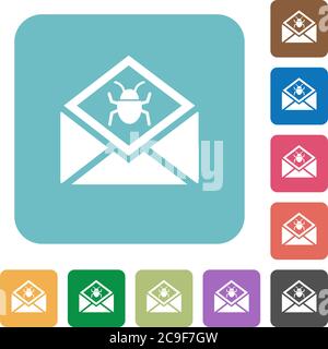 Open mail with malware symbol white flat icons on color rounded square backgrounds Stock Vector