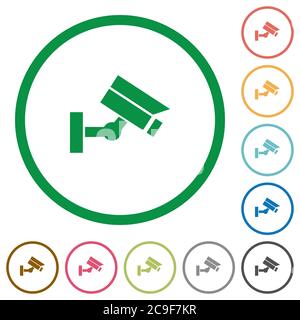 Security camera flat color icons in round outlines on white background Stock Vector