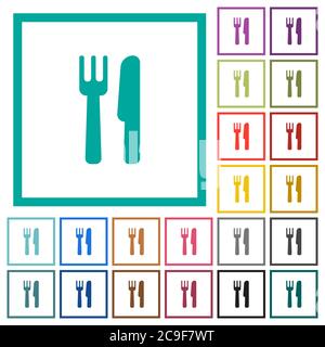 Cutlery flat color icons with quadrant frames on white background Stock Vector