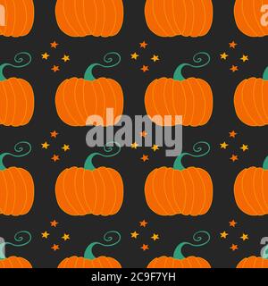 Pumpkins on black background. Seamless pattern. Harvest concept. Vector stock illustration. Stock Vector