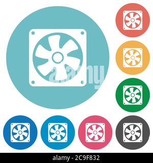 Computer fan flat white icons on round color backgrounds Stock Vector