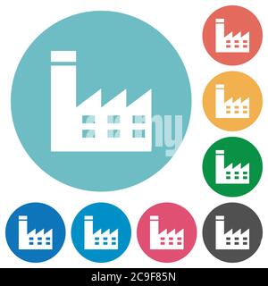 Factory building flat white icons on round color backgrounds Stock Vector