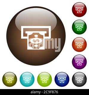 Dollar bank ATM white icons on round color glass buttons Stock Vector