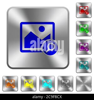 Zoom image engraved icons on rounded square glossy steel buttons Stock Vector