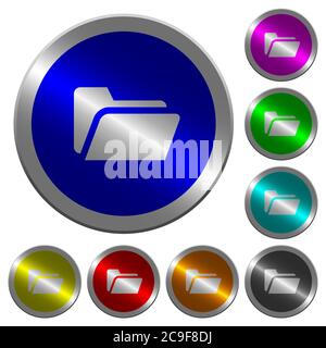 Folder open icons on round luminous coin-like color steel buttons Stock Vector