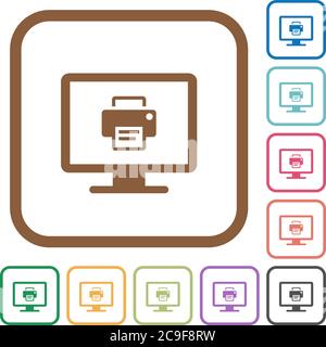 Print screen simple icons in color rounded square frames on white background Stock Vector