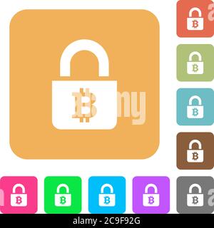 Locked Bitcoins flat icons on rounded square vivid color backgrounds. Stock Vector