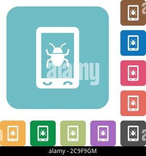 Malicious mobile software white flat icons on color rounded square backgrounds Stock Vector
