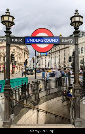 Piccadilly Circus, iconic Underground public subway and tube station sign, London, England, UK Stock Photo