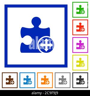 Move plugin flat color icons in square frames on white background Stock Vector