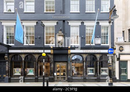 Tiffany & Co. luxury jeweler and jewelry brand flagship store exterior in New Bond Street, Mayfair, London, England, UK Stock Photo