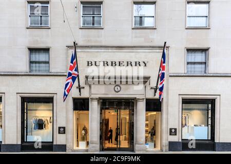 Burberry British luxury brand flagship store exterior in New Bond Street, Mayfair, London, England, UK Stock Photo