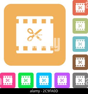Cut movie flat icons on rounded square vivid color backgrounds. Stock Vector