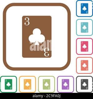 Three of clubs card simple icons in color rounded square frames on white background Stock Vector