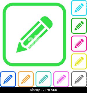 Single pencil vivid colored flat icons in curved borders on white background Stock Vector