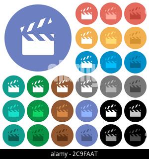 Clapperboard multi colored flat icons on round backgrounds. Included white, light and dark icon variations for hover and active status effects, and bo Stock Vector