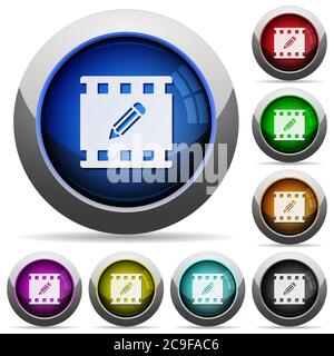 Edit movie icons in round glossy buttons with steel frames Stock Vector