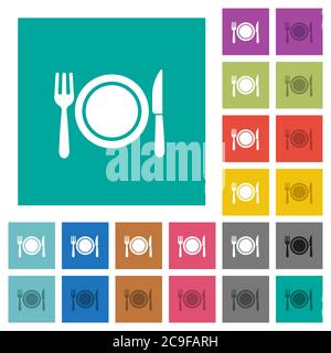 Dinner multi colored flat icons on plain square backgrounds. Included white and darker icon variations for hover or active effects. Stock Vector