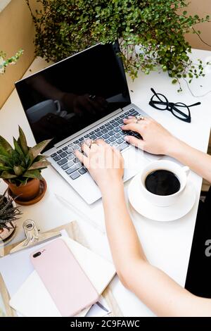 Woman's hands making notes in notepad in cozy summer office with laptop and green home plants Stock Photo