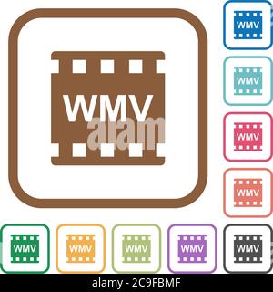 WMV movie format simple icons in color rounded square frames on white background Stock Vector