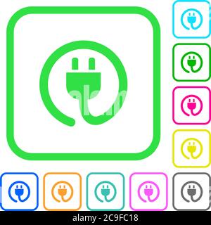 Rolled power cord vivid colored flat icons in curved borders on white background Stock Vector