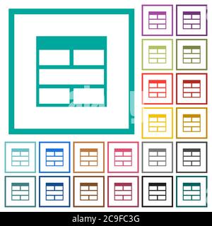 Spreadsheet horizontally merge table cells flat color icons with quadrant frames on white background Stock Vector
