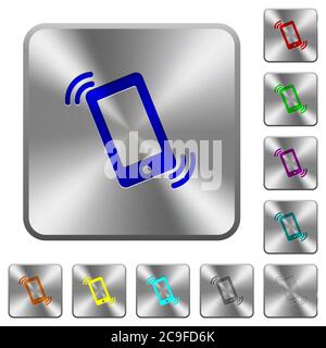 Ringing phone engraved icons on rounded square glossy steel buttons Stock Vector