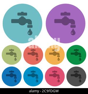Water faucet with water drop darker flat icons on color round background Stock Vector