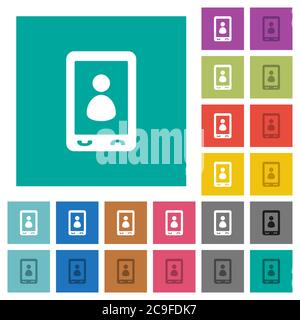 Mobile user profile multi colored flat icons on plain square backgrounds. Included white and darker icon variations for hover or active effects. Stock Vector