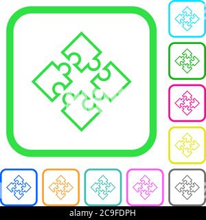 Puzzle pieces vivid colored flat icons in curved borders on white background Stock Vector