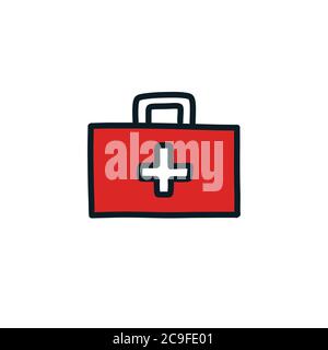 first aid kit doodle icon, vector color illustration Stock Vector