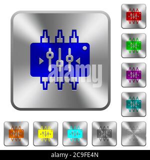 Chip tuning engraved icons on rounded square glossy steel buttons Stock Vector