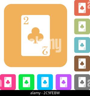 Two of clubs card flat icons on rounded square vivid color backgrounds. Stock Vector