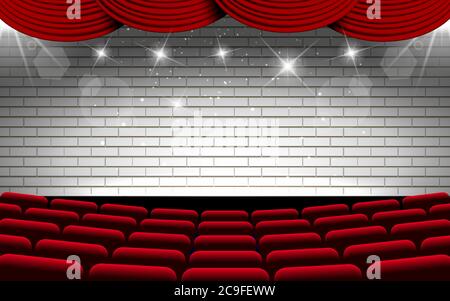 white brick wall on the stage with red chairs in the hall Stock Vector