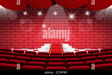 white podium on the stage with red chairs in the hall Stock Vector