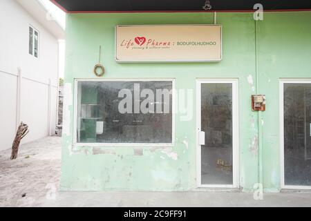 Bodufolhudhoo / Maldives - August 17, 2019: pharmacy shop empty and in construction Stock Photo