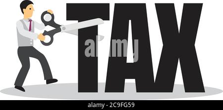 Businessman with a giant scissor cutting a tax block. Concept of tax reduction or budget management. Flat vector illustration. Stock Vector