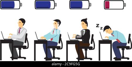 Tired businessman sleeping on his job while other are working on their job. Concept of work fatigue. Flat cartoon vector illustration Stock Vector