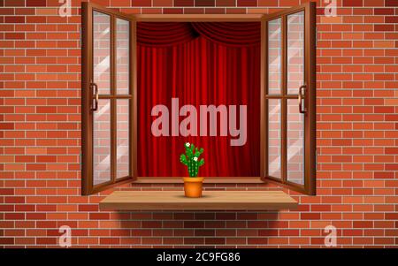 plant pot on the wooden shelf at the windows on the brick wall Stock Vector