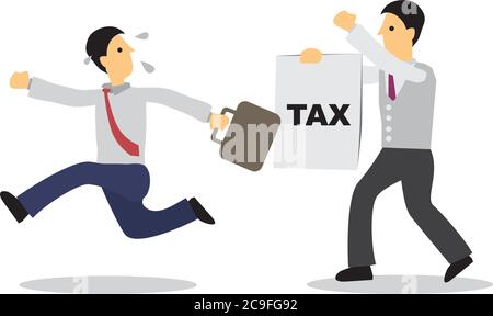 Businessman running away from person with a tax paying paper. Business concept of escape or debt. Flat isolated vector illustration. Stock Vector