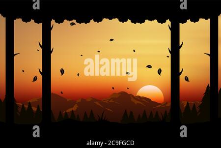 landscape of forest in the mountain in sunset Stock Vector